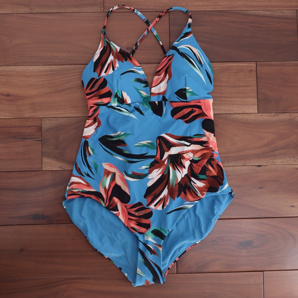 Calia Womens Tranquil Blue Floral Strappy Back One Piece Swimsuit Size 14 - Picture 4 of 9